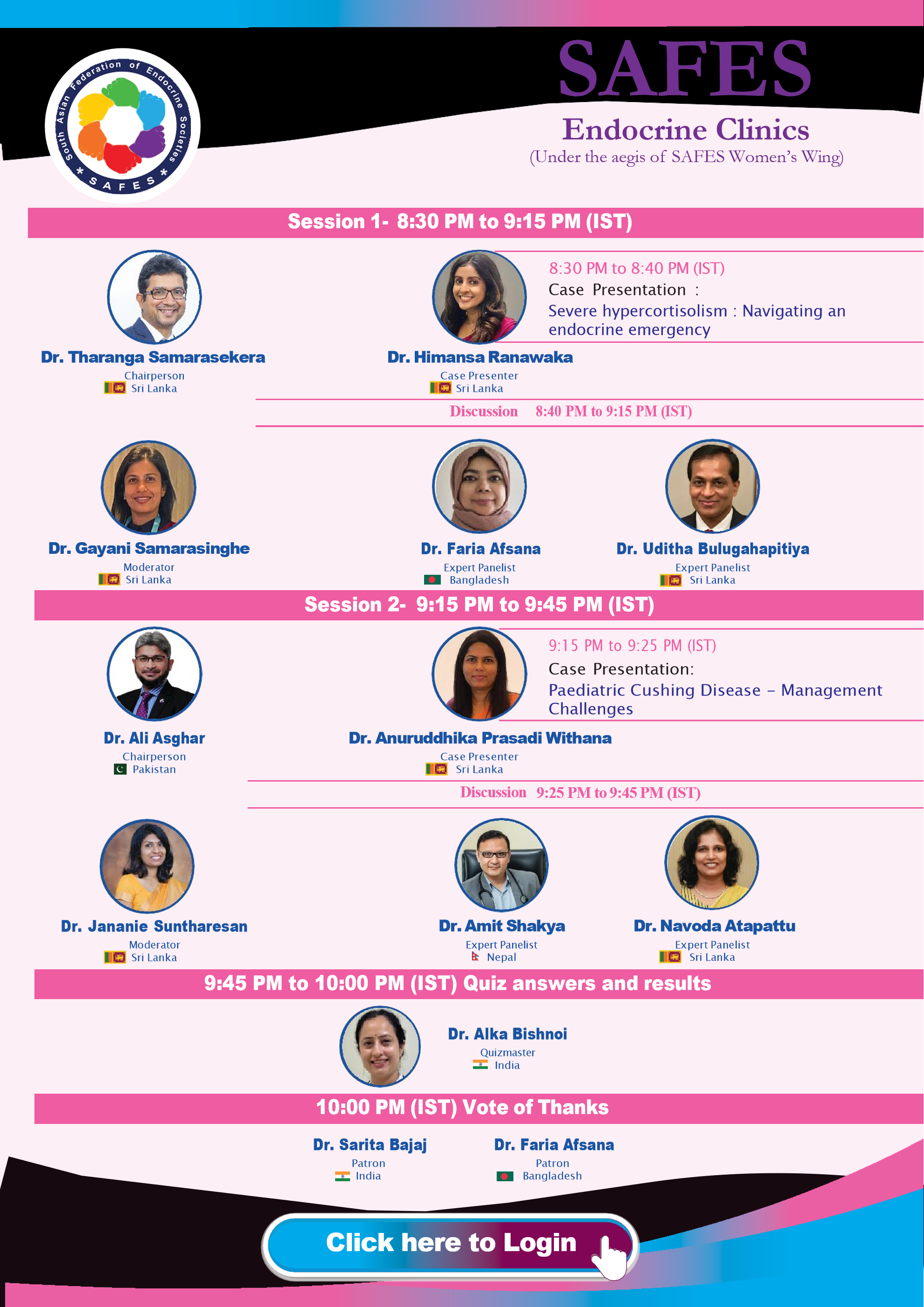SAFES Endocrine Clinics: Cushing’s Syndrome — Flyer Page 2 (Scientific Sessions 1 & 2, Panelists, Quiz & Login)