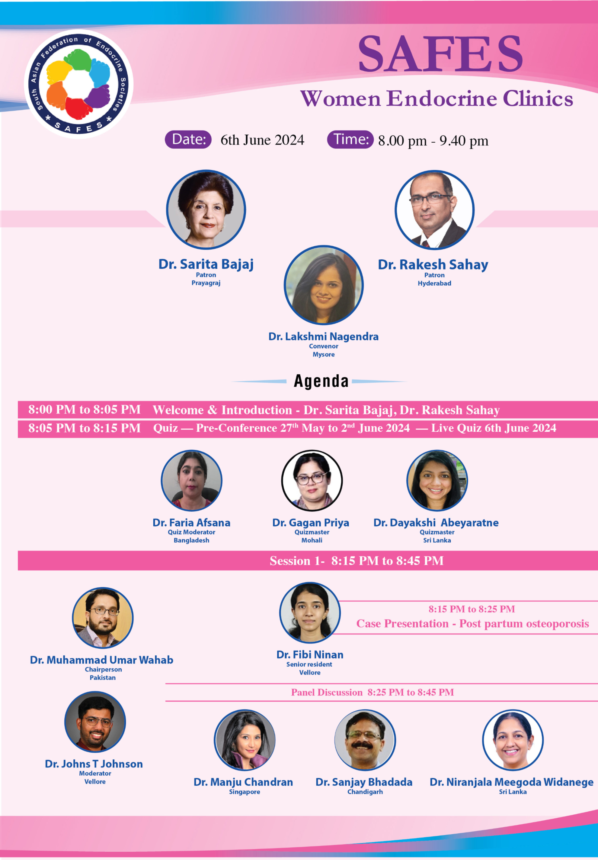 SAFES Women Endocrine Clinics: 6 June 2024 — Page 1 Agenda, Patrons & Session 1 (Post partum osteoporosis)