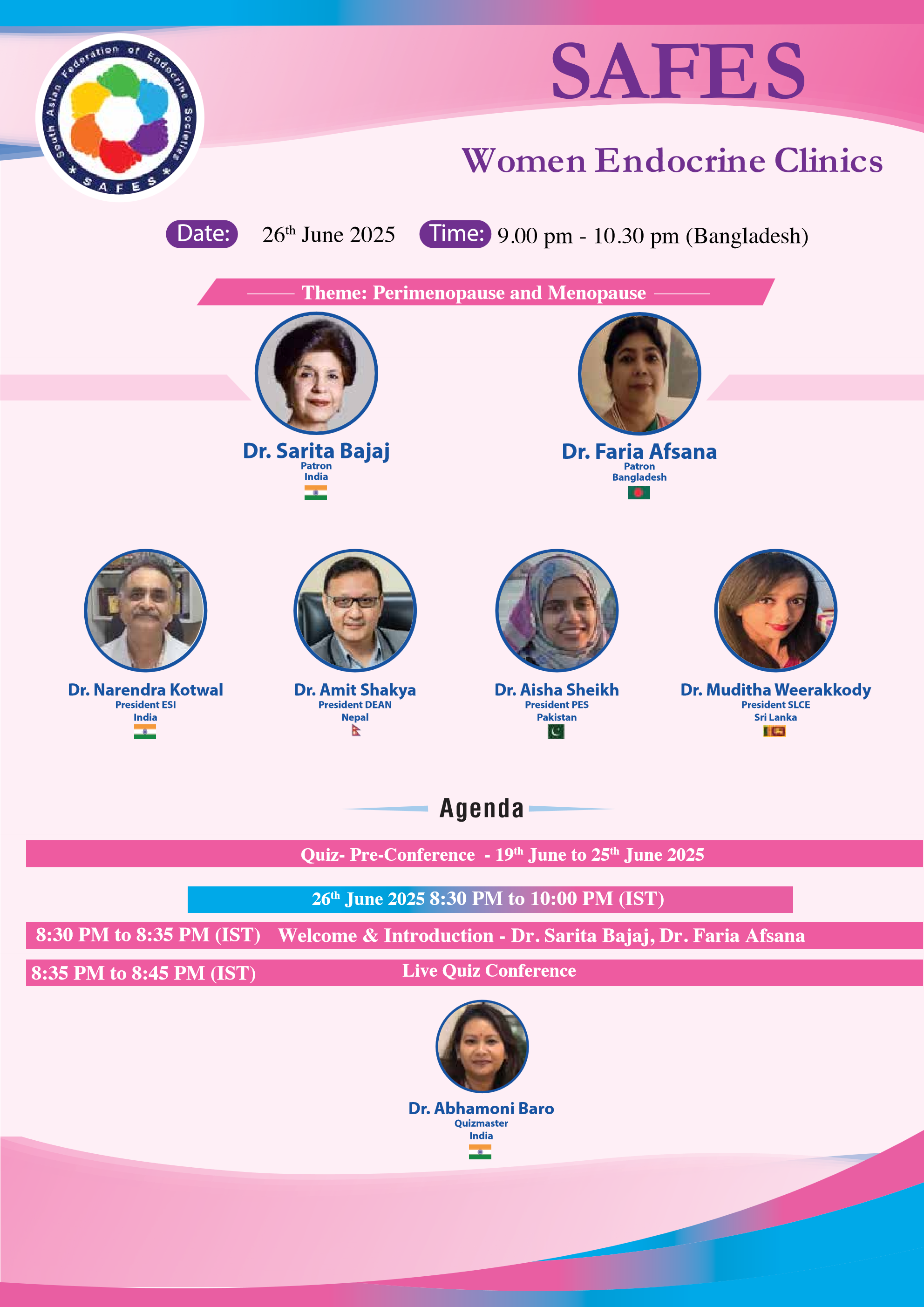 SAFES Women Endocrine Clinics: 26 June 2025 — Page 1 Theme, Patrons, Society Presidents & Live Quiz