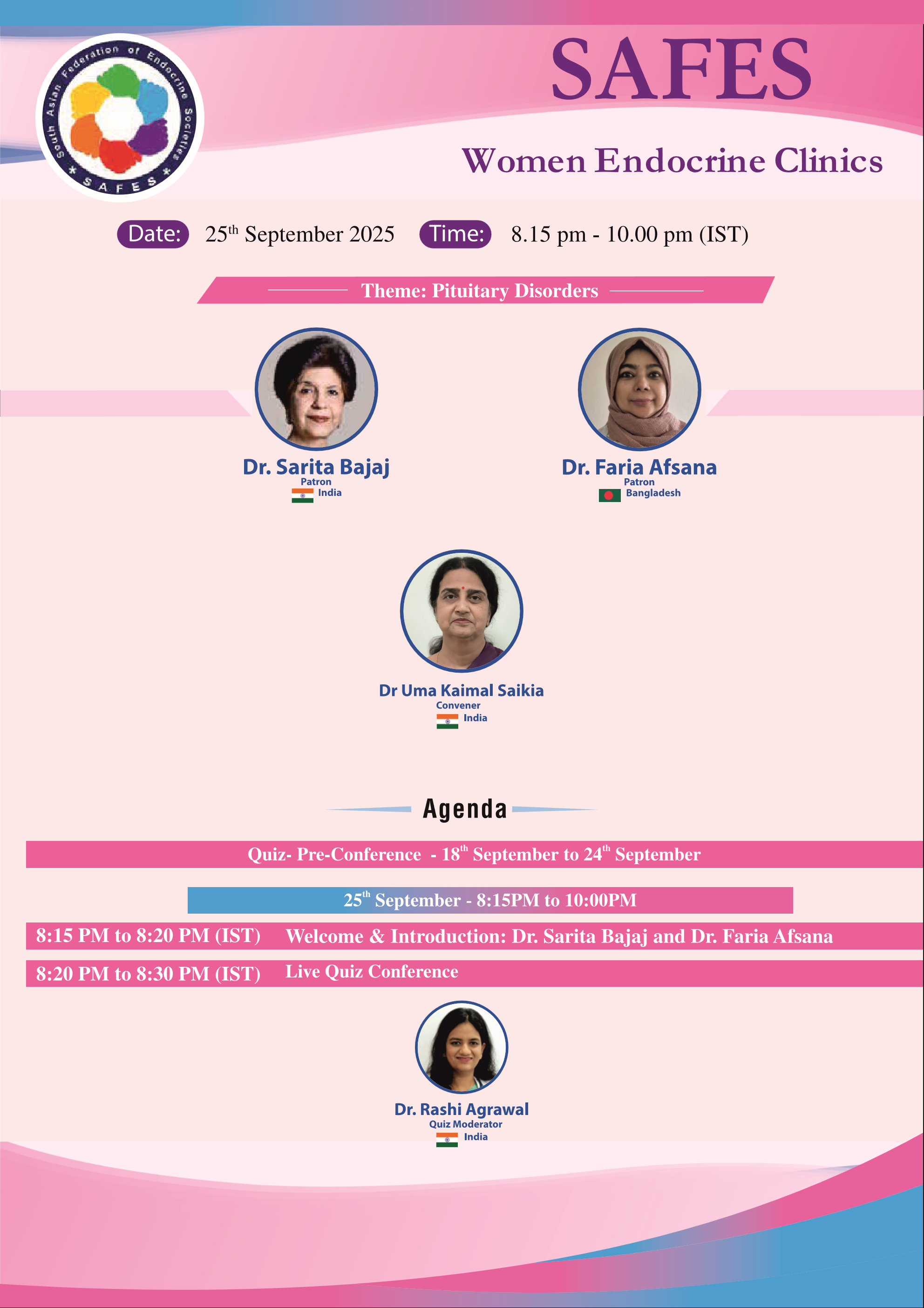 SAFES Women Endocrine Clinics: Pituitary Disorders — Flyer Page 1 (Date, Theme, Patrons, Convener, Agenda)