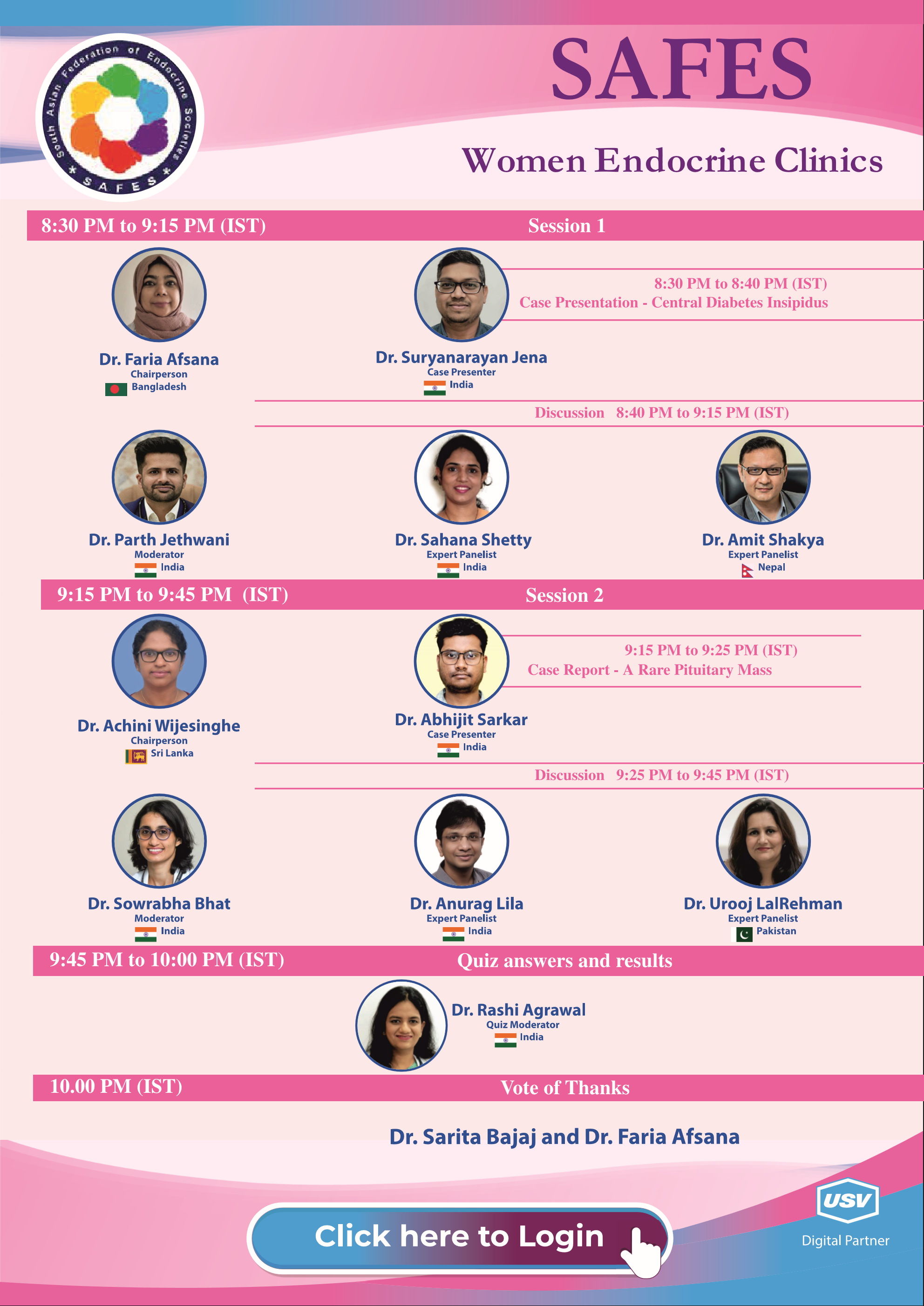 SAFES Women Endocrine Clinics: Pituitary Disorders — Flyer Page 2 (Scientific Sessions 1 & 2, Panelists, Quiz & Thanks)